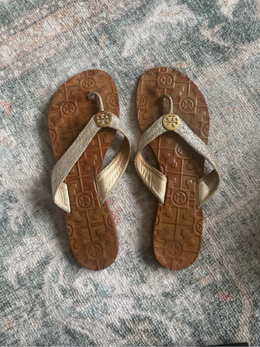 Tory Burch Gold Glitter Flip Flop Sandals with Logo Medallion